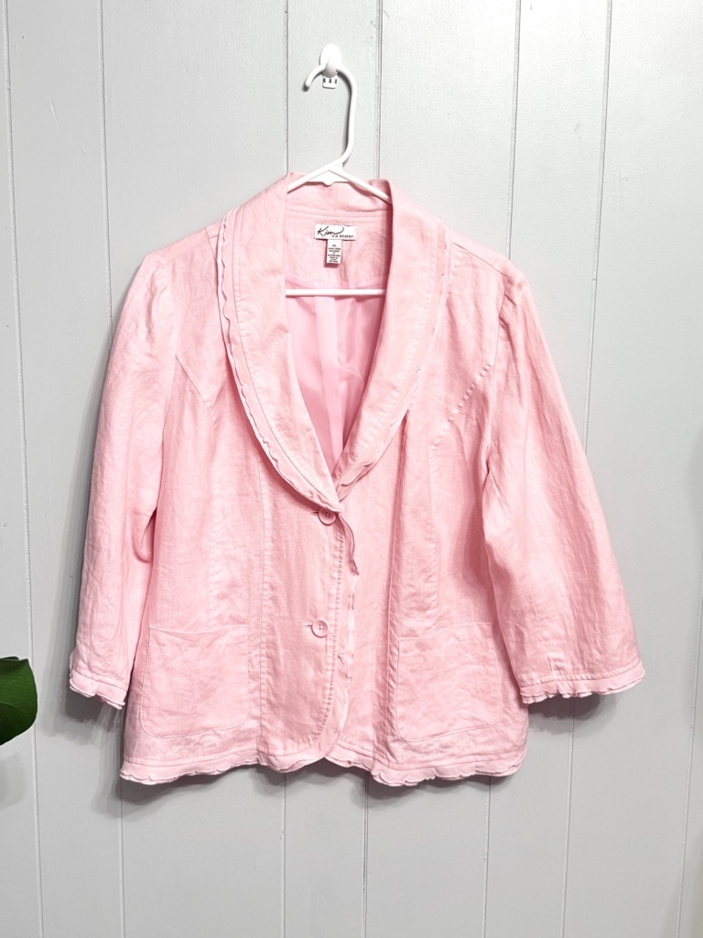 Soft Pink Linen-Blend Shawl Collar Jacket
